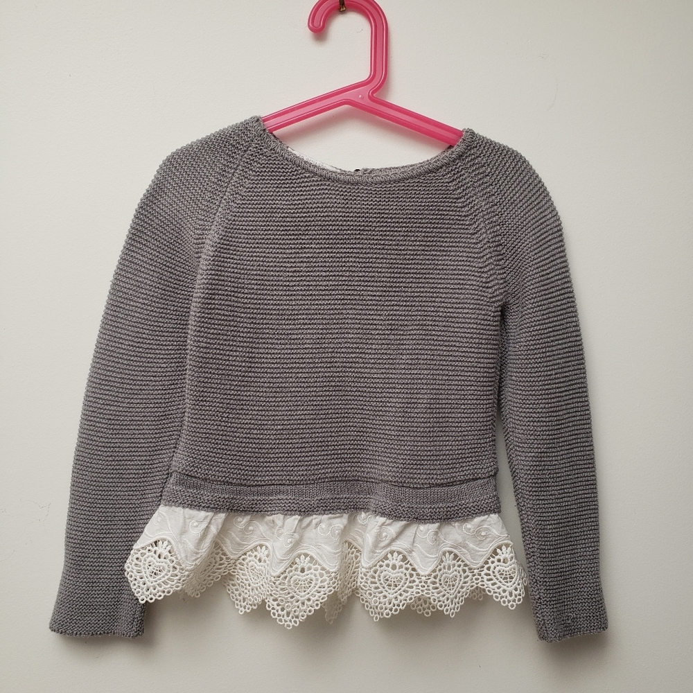 Pilar Batanero gray cotton sweater with eyelet white trim girls size 8